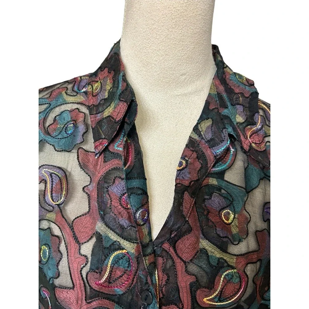 Chico's Design Vintage 90s Sheer Burnout Paisley Silk Blend Embroidered Top Sz 3